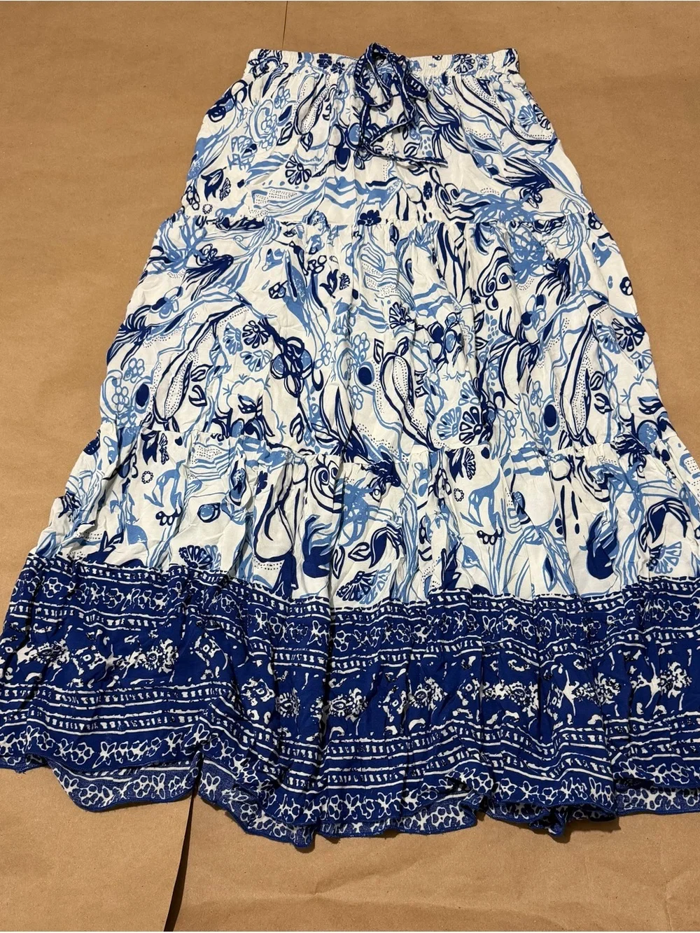 Women's Blue & White Floral Tiered Maxi Skirt